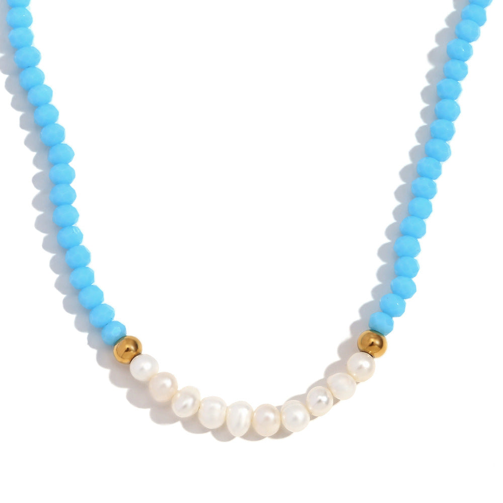 Vintage Style Geometric Pendant Necklace for Women with Stainless Steel Chain, Titanium Steel Pendant, Plated Finish, Freshwater Pearl and Blue Faceted Crystal Accents