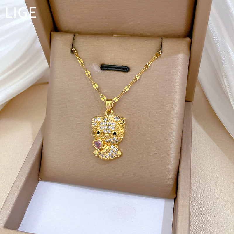 Collana Pendente Gatto Lusso Dolce Geometrico Strass in Acciaio al Titanio Unisex