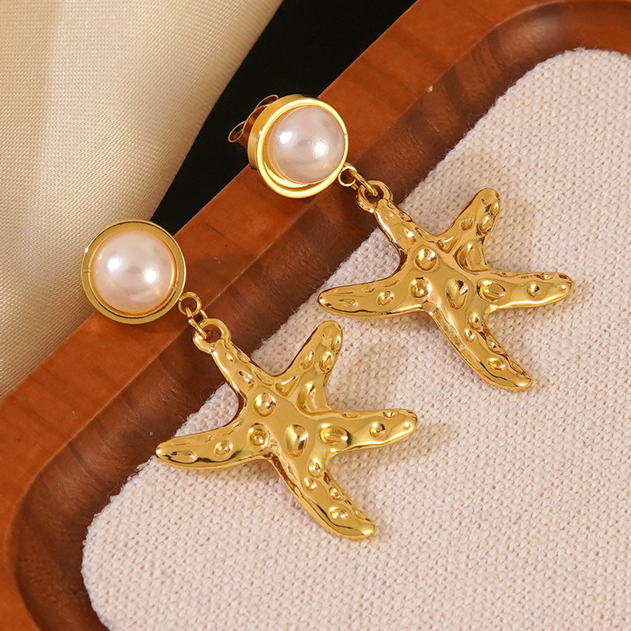 Orecchini vintage eleganti a stella in acciaio inossidabile con perla