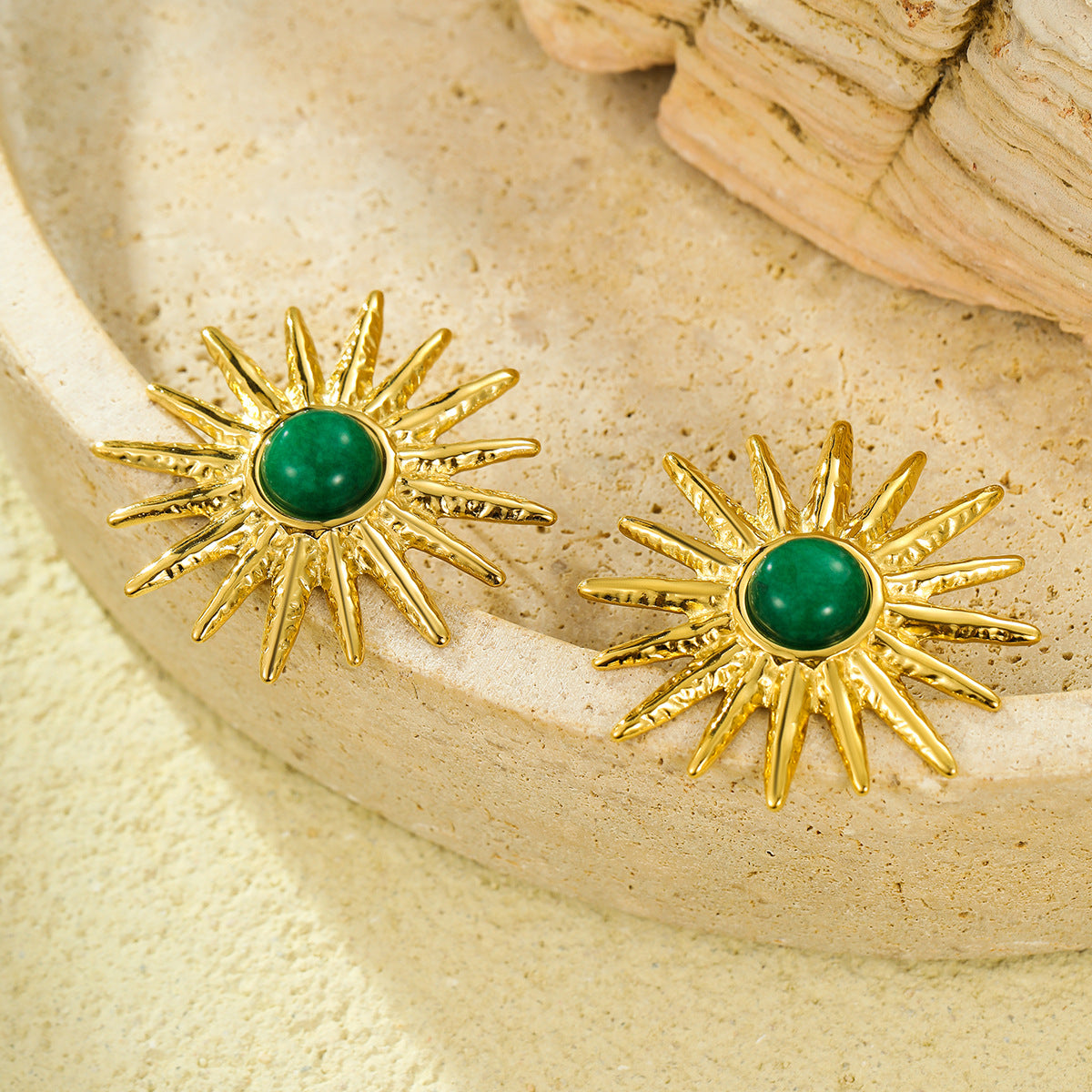 Pendientes de acero inoxidable en forma de girasol, estilo francés vintage, con piedra natural de ojo de tigre, diseño minimalista