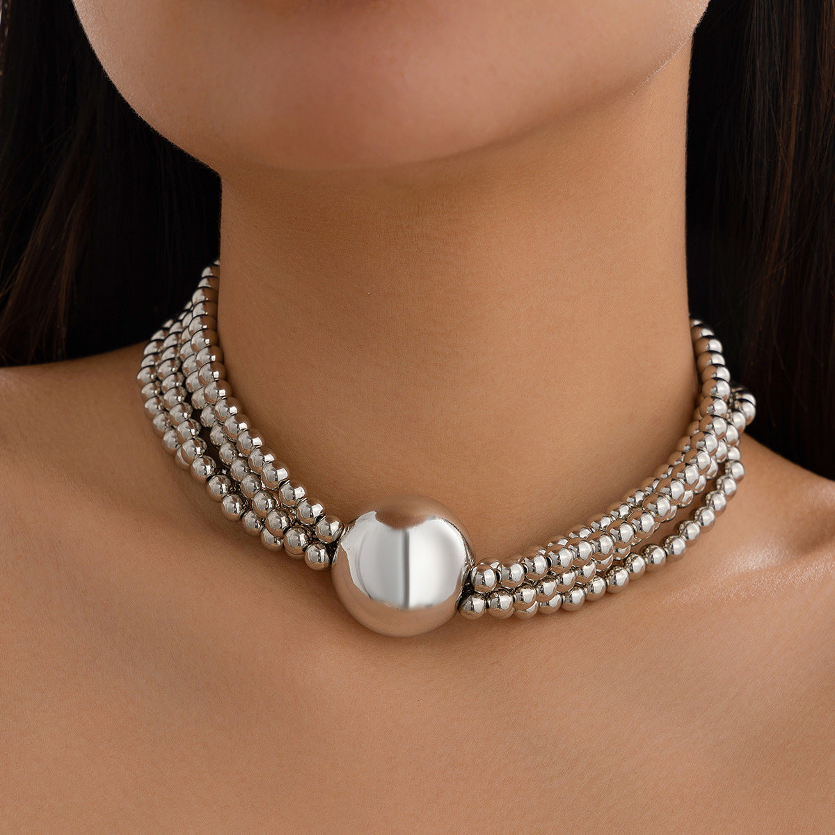 Hip-hop Plated Round Pearl Ball Chain Necklace for Women