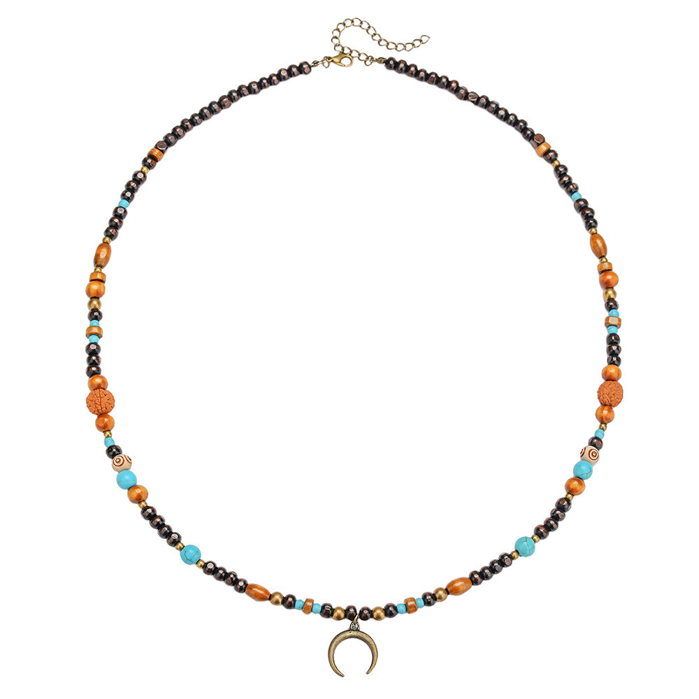 Vintage Geometric Moon Wood Bead Faux Turquoise Alloy Pendant Cable Chain Necklace for Unisex