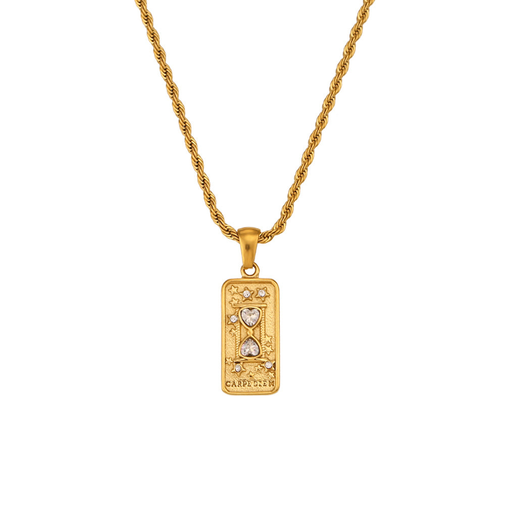 Fashionable Vintage Rectangular Titanium Steel Pendant Necklace with Enamel Finish and Zircon Inlay for Women