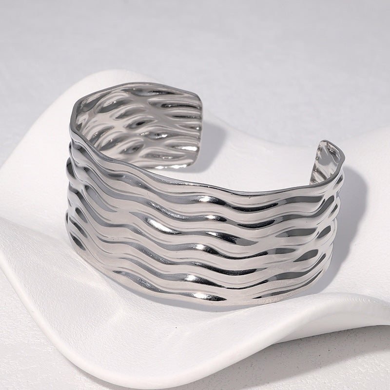 Minimalist 18K Gold Plated Stainless Steel Wavy Surface Open Cuff Bracelet
