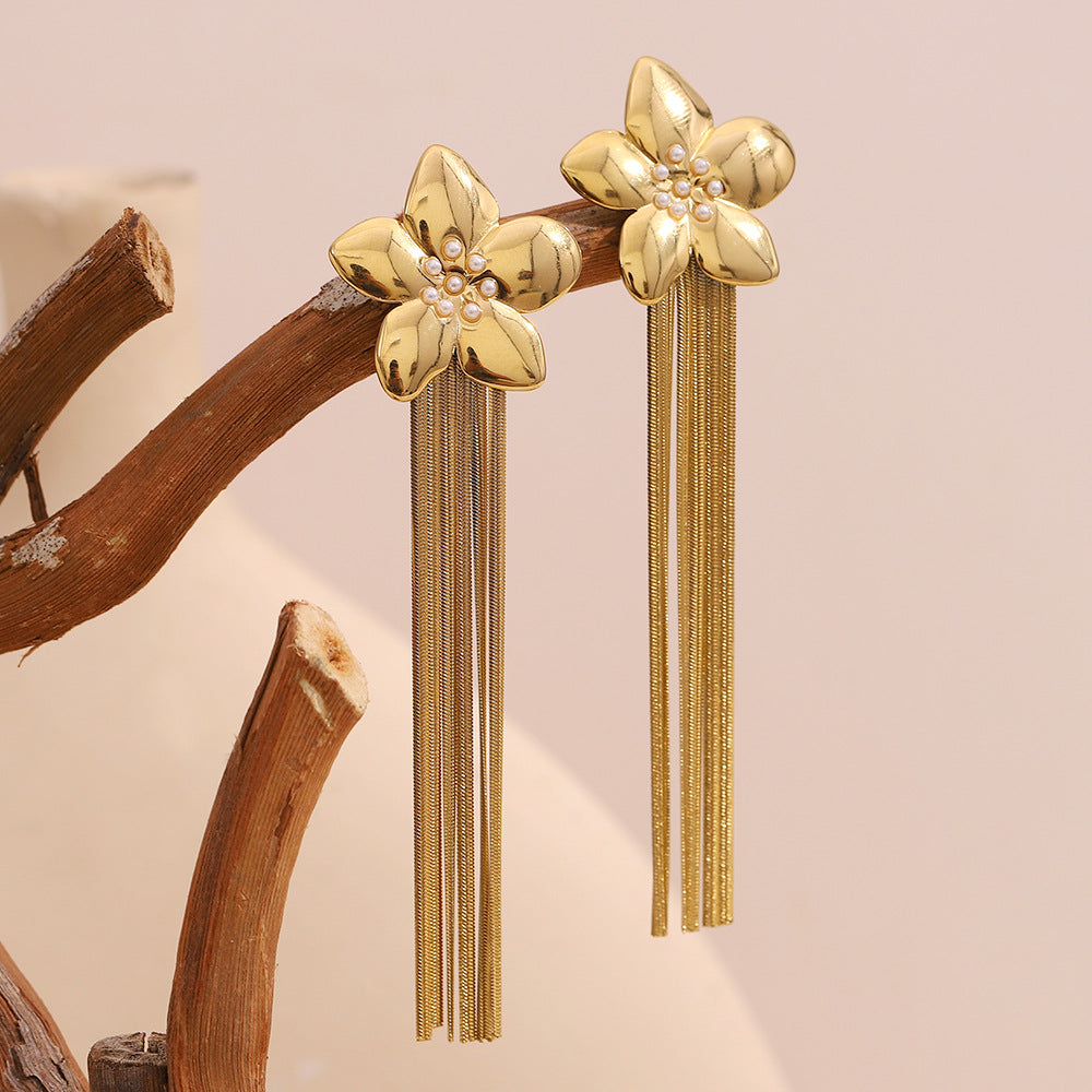 Orecchini Eleganti Floreali in Acciaio Inossidabile con Placcatura in Oro 18K e Design a Lunga Nappa Pendente da Donna