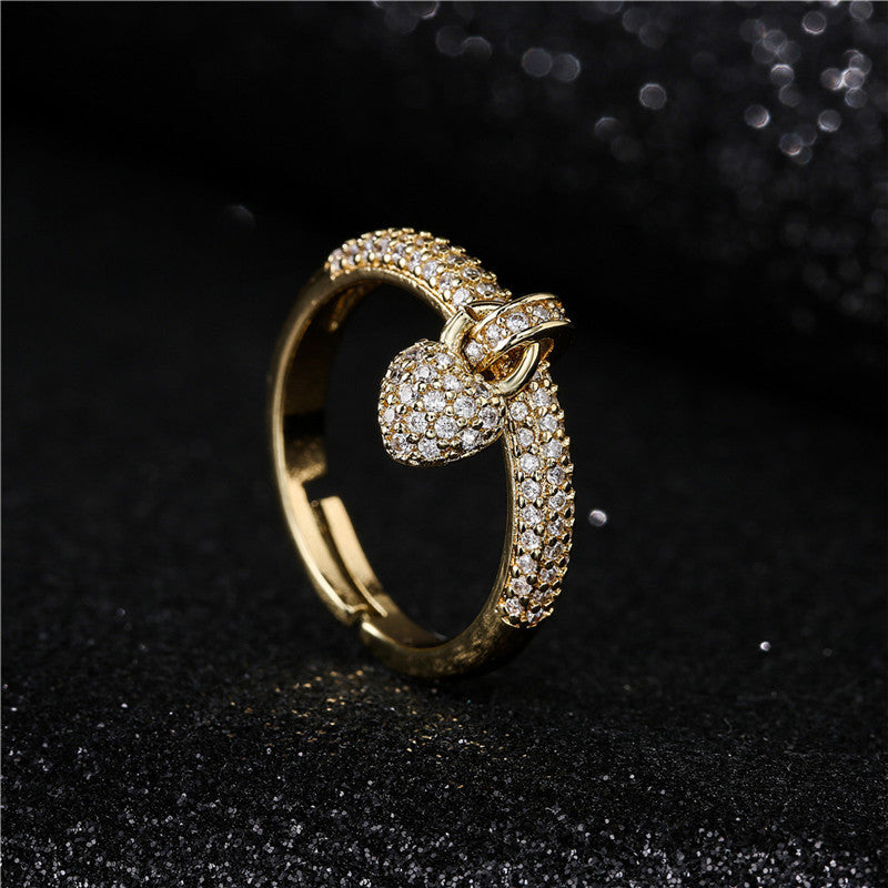 Minimalist 18K Gold Plated Brass Heart Geometric Ring with Cubic Zirconia Inlay for Women