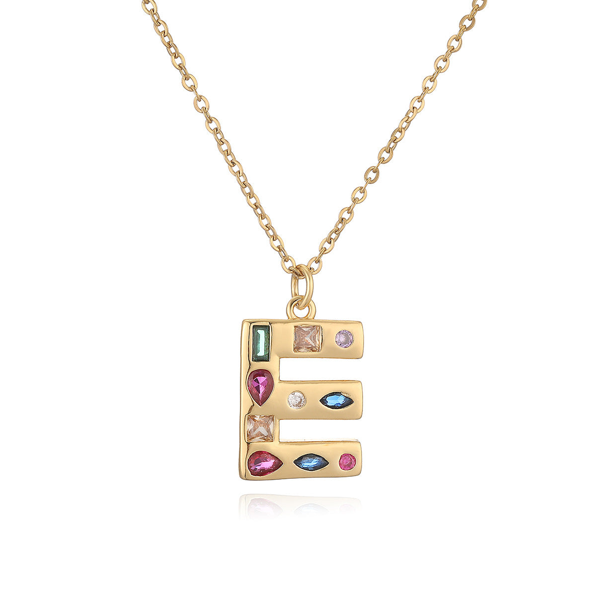 Minimalist Letter Shape Copper Pendant Necklace with 18K Gold Plating and Colored Zircon Inlay for Women