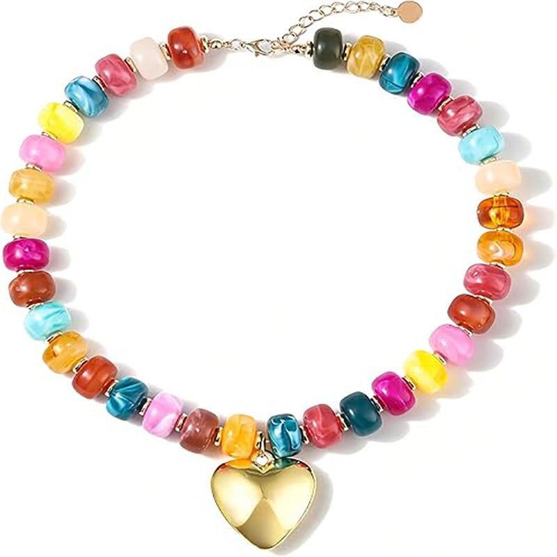 Bohemian Casual Geometric Oval Resin Polished Pendant Ball Chain Necklace for Women