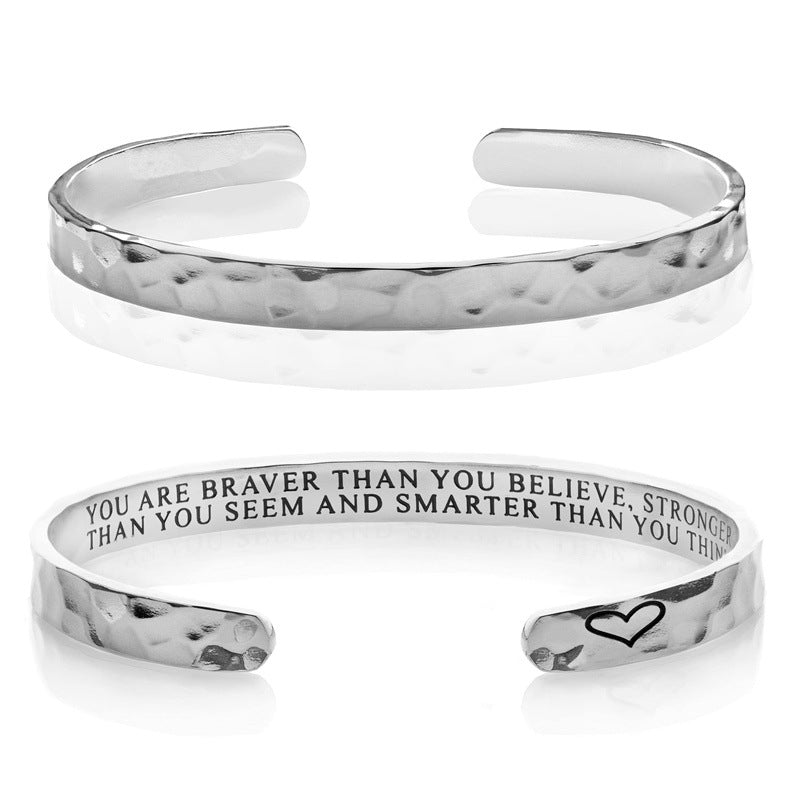Minimalist Stainless Steel Engraved Open Moon Surface Textured Hammered Bracelet