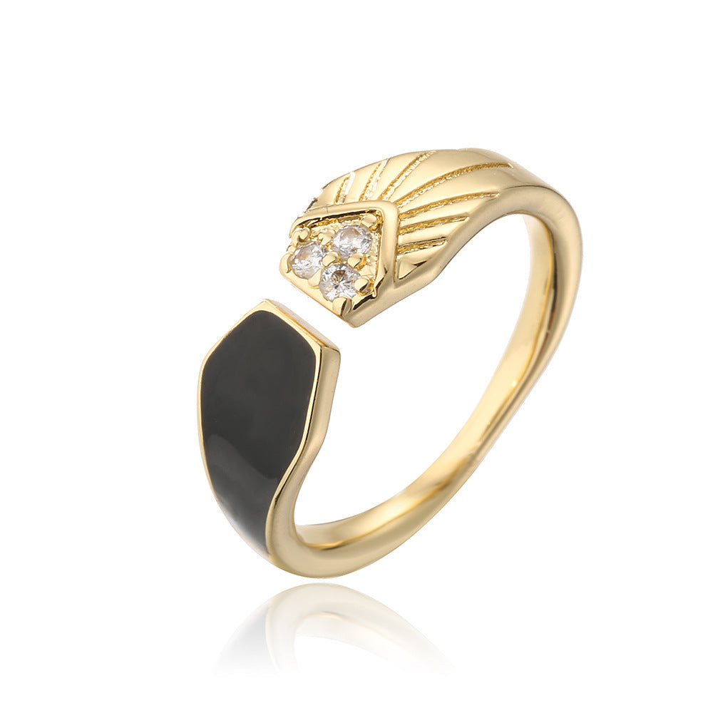 Minimalist Geometric Copper Ring with 18K Gold Plating and Colored Enamel Zirconia for Women