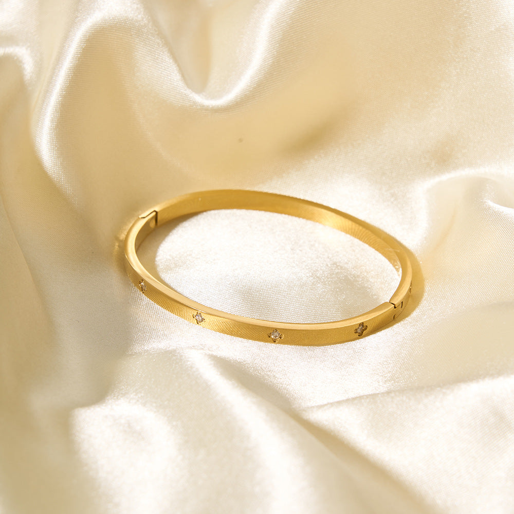 Minimalist Geometric Gold-Plated Titanium Steel Cuff Bracelet with Zircon Accents