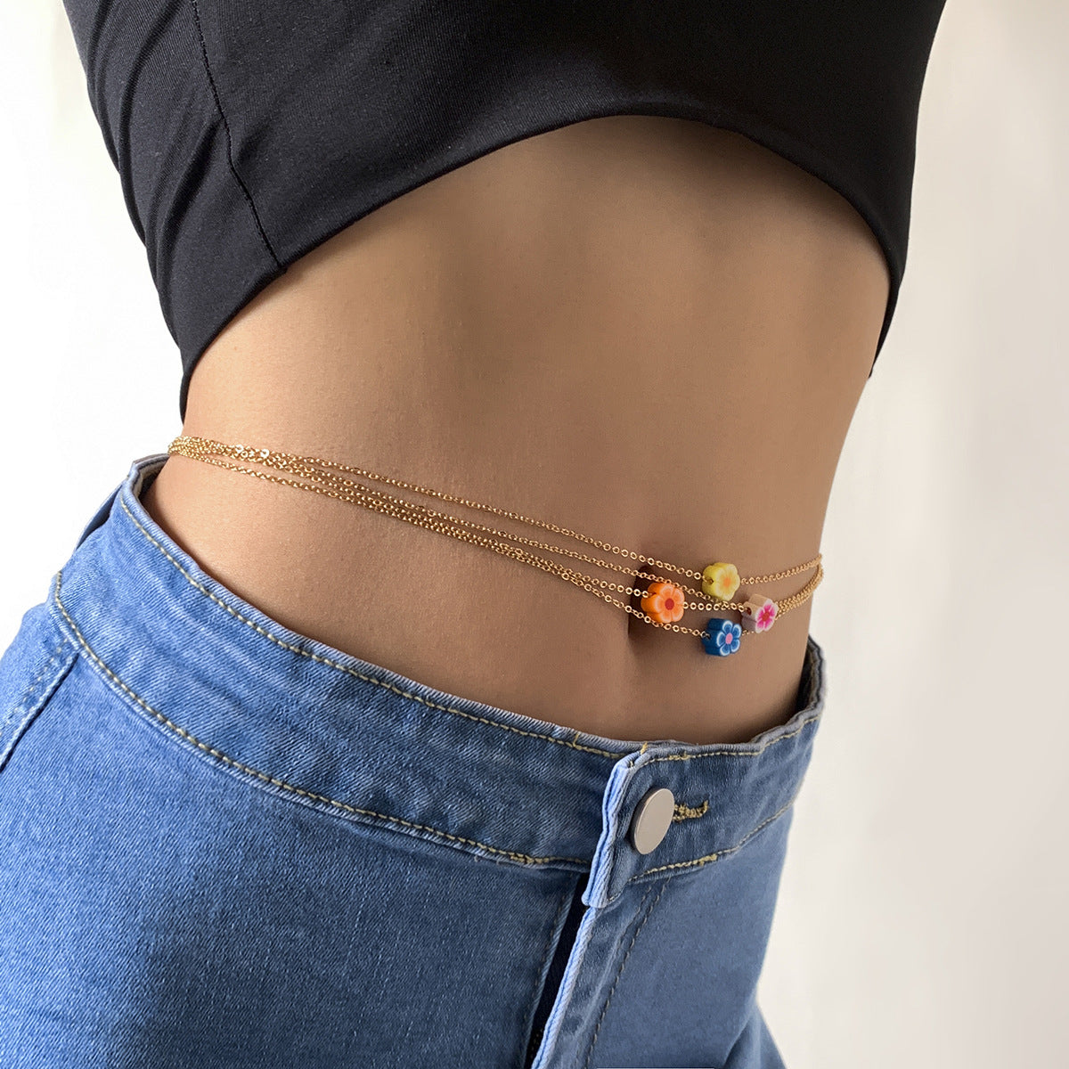 Bohemian Floral Polymer Clay Waist Chain for Women with Delicate Metal Chain and Lobster Clasp