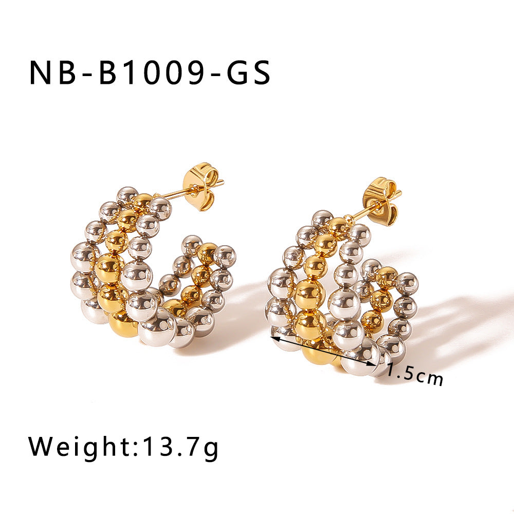 Minimalist Geometric Stainless Steel Earrings with 18K Gold Plating, Triple Beaded C-Shaped Hoops for Women