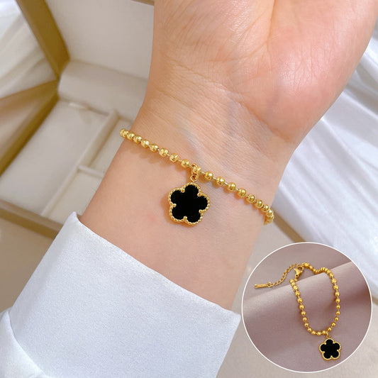 Bracciale a catena da donna con perline a trifoglio, ondulato, in acciaio al titanio, placcato oro, stile vintage minimalista