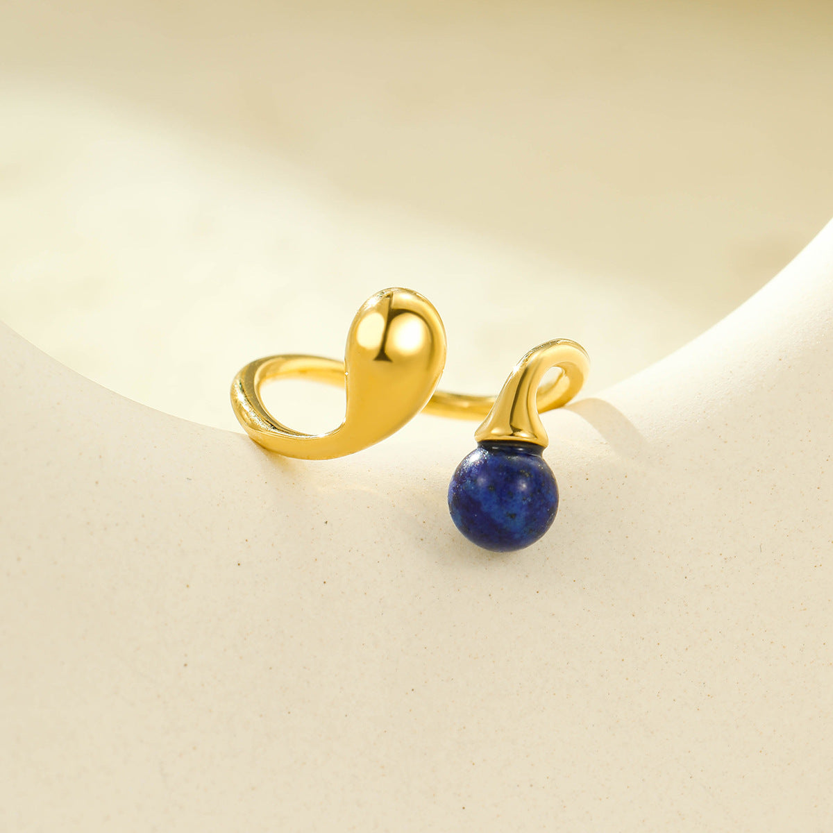 Anello Aperto Geometrico Minimalista in Acciaio Inossidabile con Intarsio in Pietra Naturale, Gioiello di Moda Ipoallergenico Placcato Oro 18K da Donna