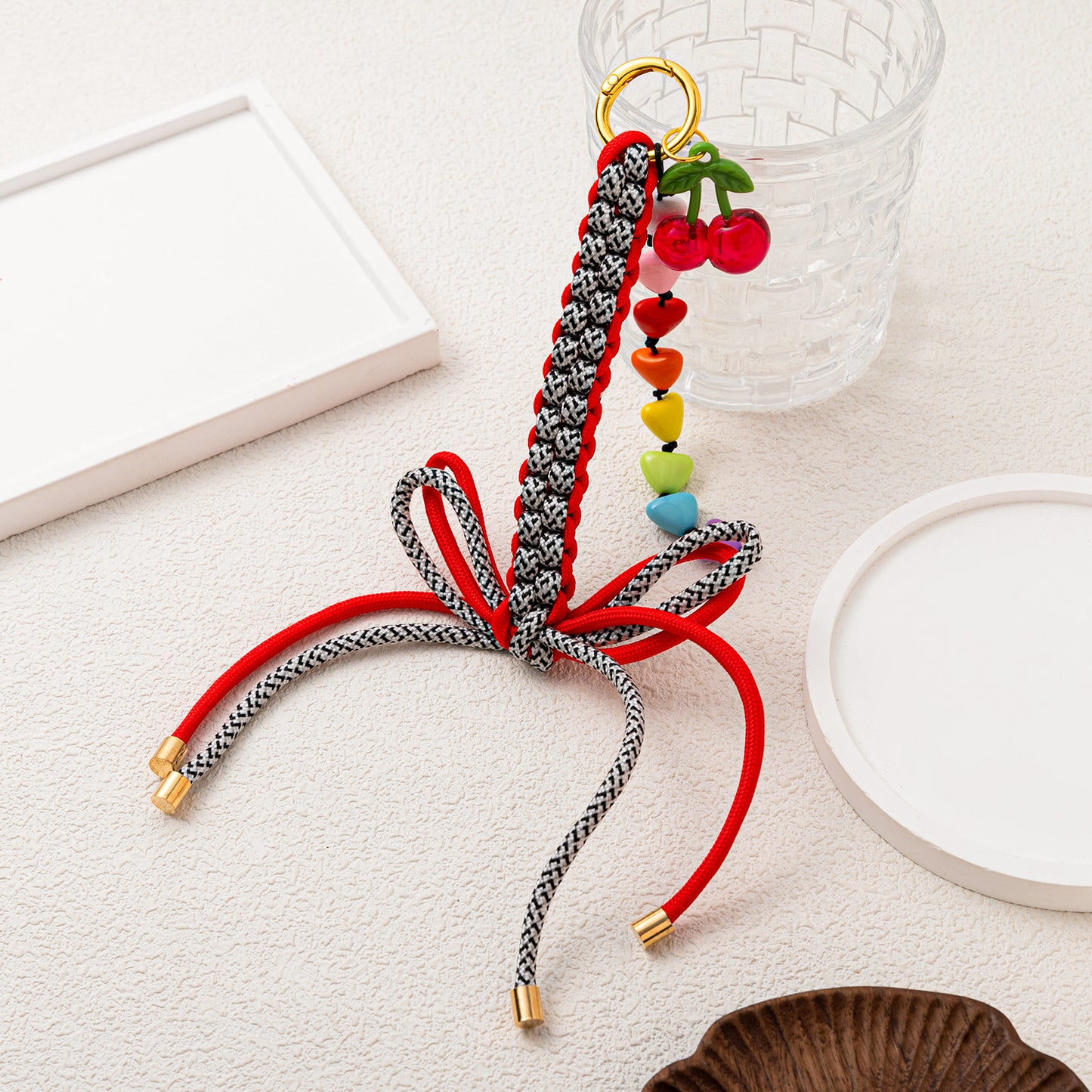 Minimalist Colorful Dopamine Alloy Crochet Keychain with Heart Teardrop Bow and Cherry Pendant