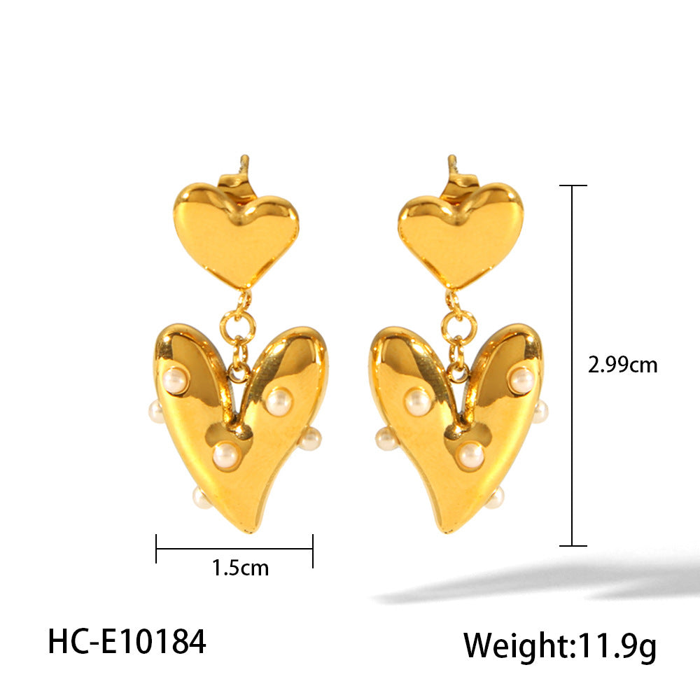 Fashion 18K Gold Plated Stainless Steel Heart Pearl Stud Earrings for Women