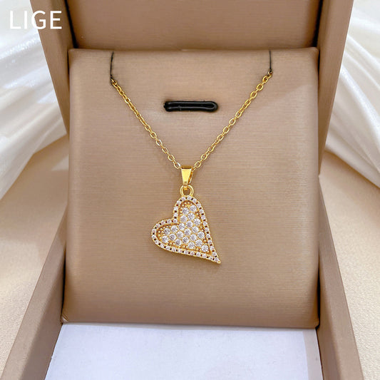 Sweet Minimalist Hollow Heart Geometric Rhinestone Plated Titanium Steel Necklace for Unisex