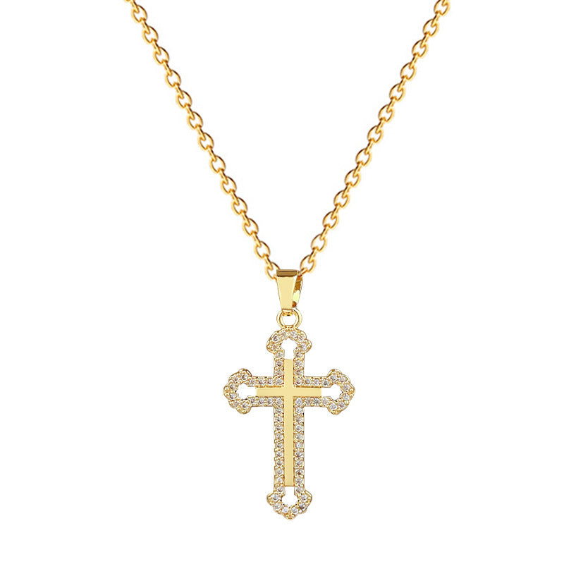 Sweet Minimalist Hollow Cross Moon Rhinestone Titanium Steel Necklace Set with Curb Chain for Unisex