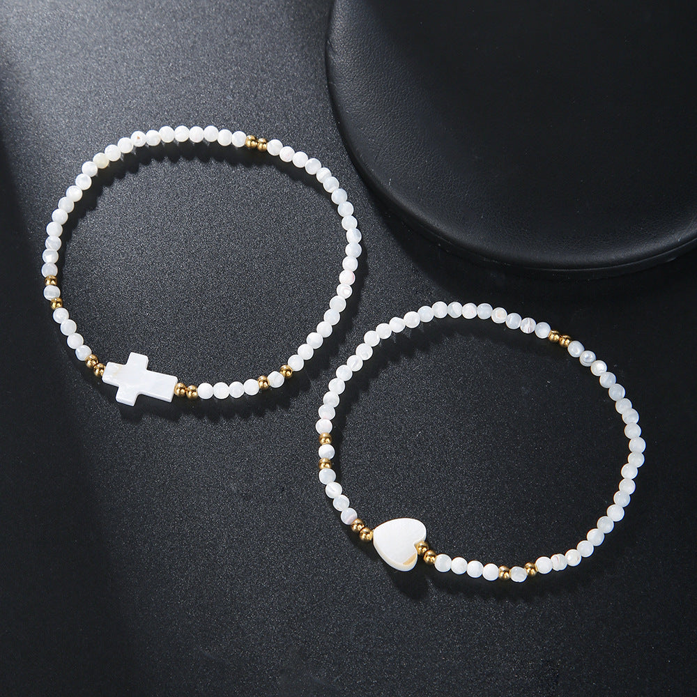 Handmade Shell Pearl Cross Heart Bracelet Set Stainless Steel Geometric Beach Jewelry
