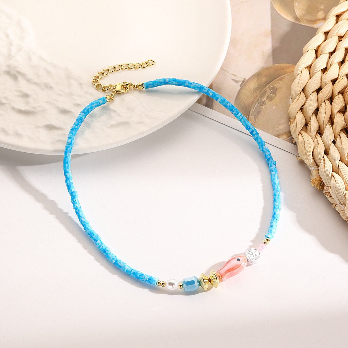Bohemian Colorful Seed Bead Shell Star Drip Oil Alloy Necklace Rope Chain Women