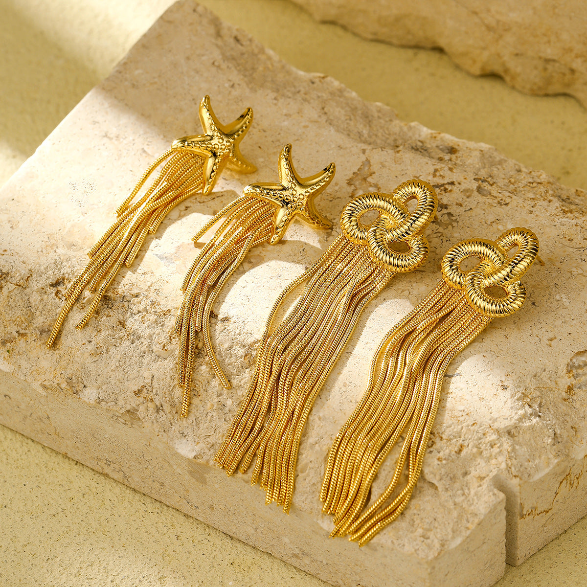 Pendientes de borla de estrella de mar elegantes vintage de acero inoxidable con galvanoplastia para mujer