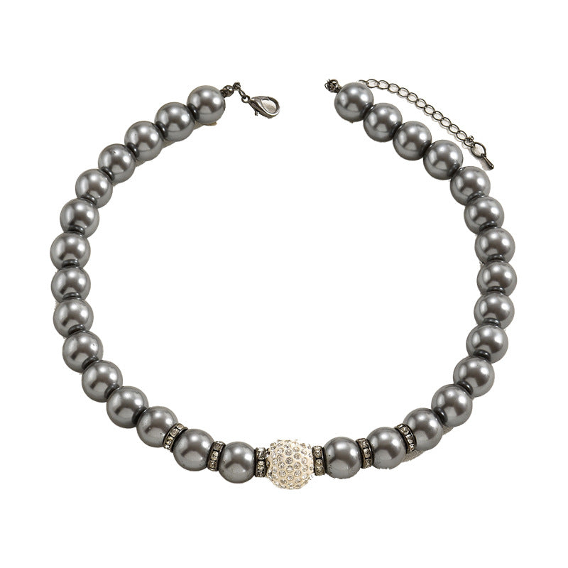 Geometric Pearl Necklace with Zircon Inlay for Women in Deep Gray Tone, Adjustable Clavicle Chain with Mother-of-Pearl Pendant