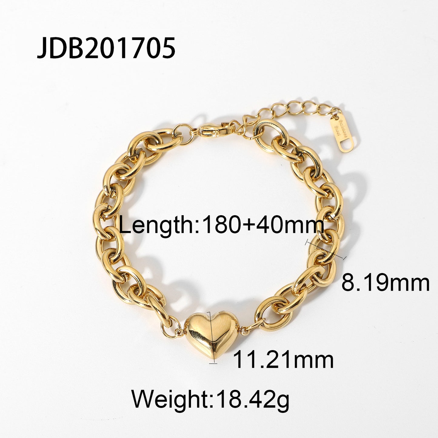 Bracciale da donna in acciaio al titanio a forma di cuore d'ispirazione vintage con catena a maglie a O placcata in oro 14 carati