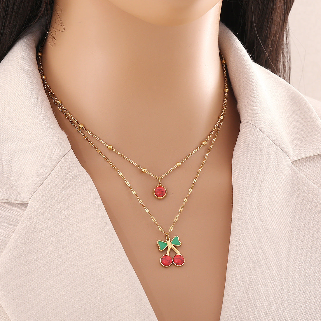 Cherry-Shaped Pendant Necklace in Stainless Steel with Plated Finish, Fashionable Double-Layer O-Chain for Women