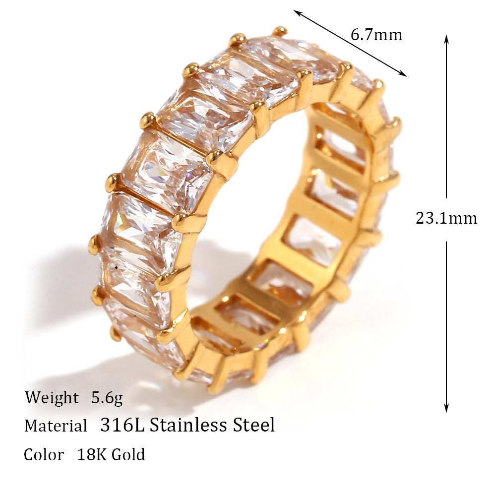 Anello in Acciaio Inossidabile Geometrico alla Moda con Placcatura in Oro 18K e Zirconi Quadrati 4A Microincastonati da Donna