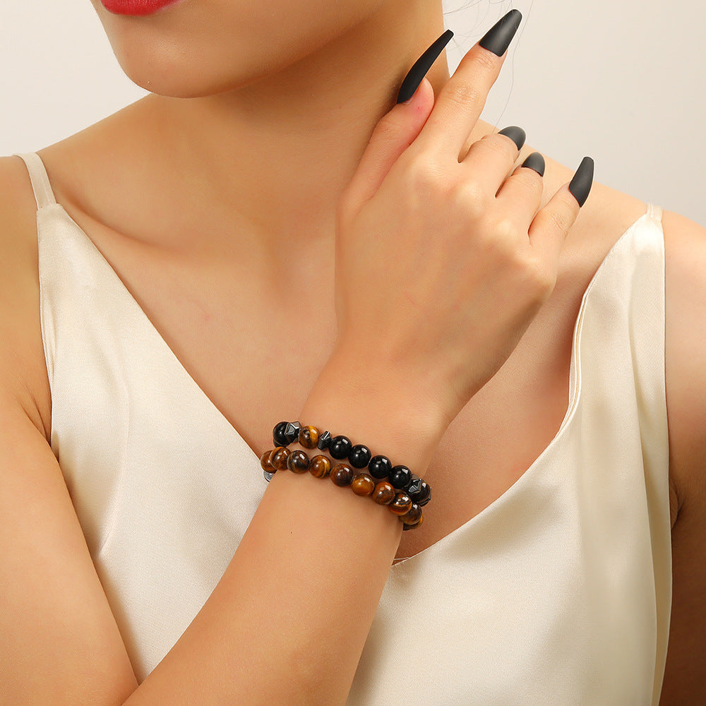 Minimalist Geometric Round Tiger Eye and Hematite Handmade Bracelet Set for Unisex