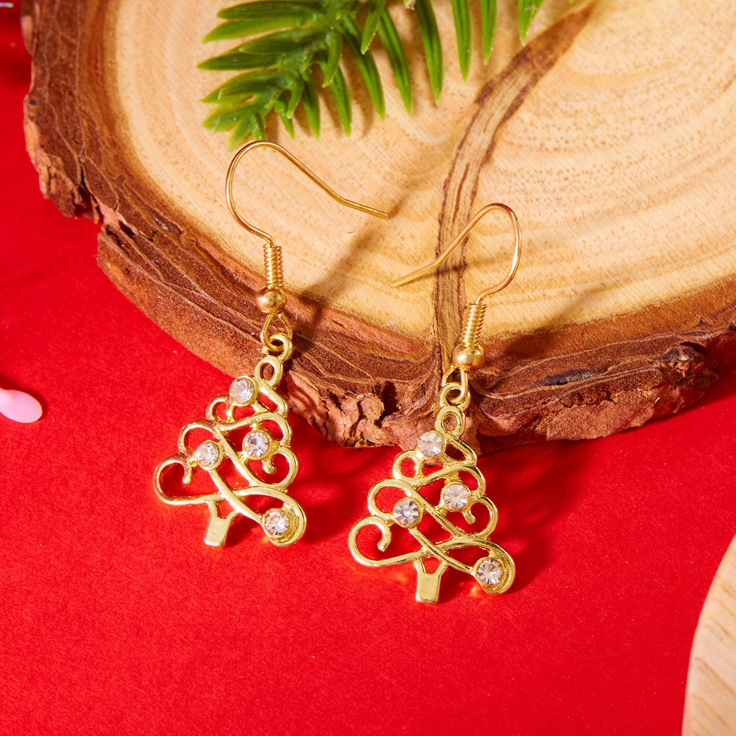 Pendientes minimalistas de árbol de Navidad con pedrería calada para mujer, joyería de moda para las fiestas