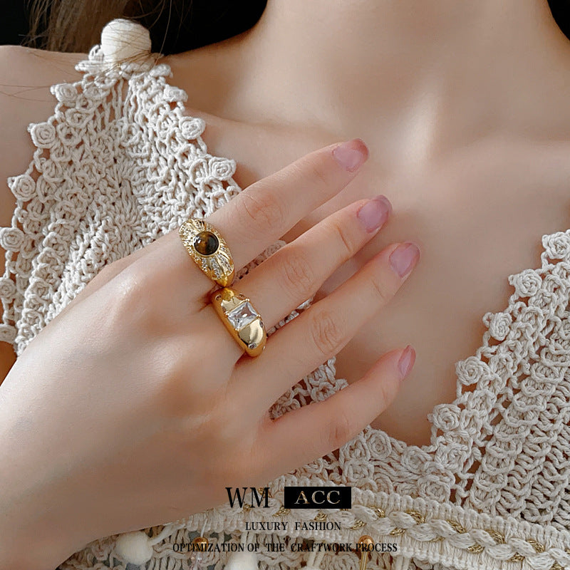 Vintage Geometric Open-Finger Ring for Women with Cubic Zirconia Inlay and Copper Band, Luxury-Style Hand Jewelry