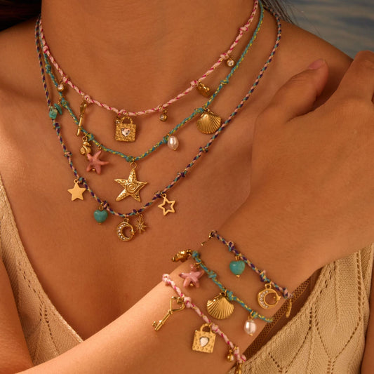 Handmade Colorful Braided Titanium Steel Necklace with Star and Moon Pendant for Women, Fashionable Office Style