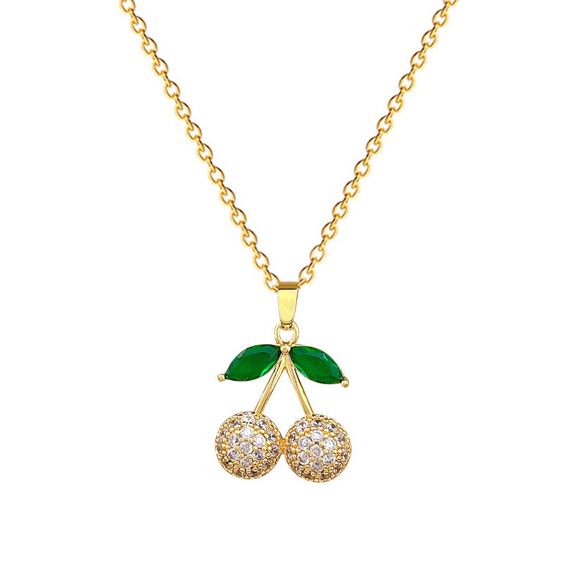 Minimalist Green Leaf Cherry Pendant Necklace and Earrings Set in Titanium Steel with Electroplating Finish for Women