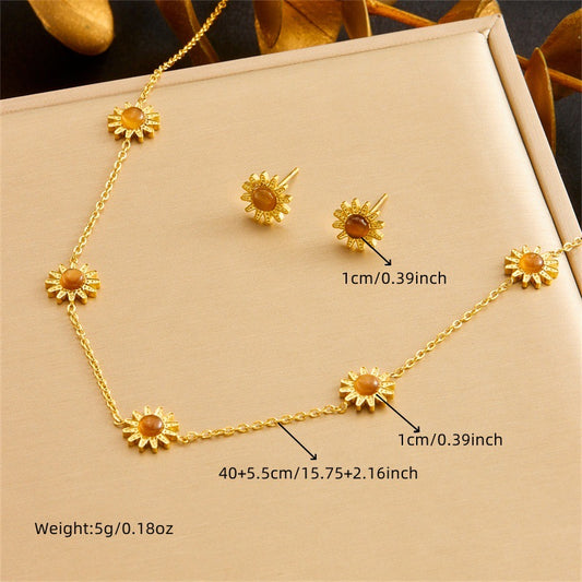 Fashion Elegant Floral Plant Agate Stainless Steel Plated Necklace Earring Bracelet Set for Women