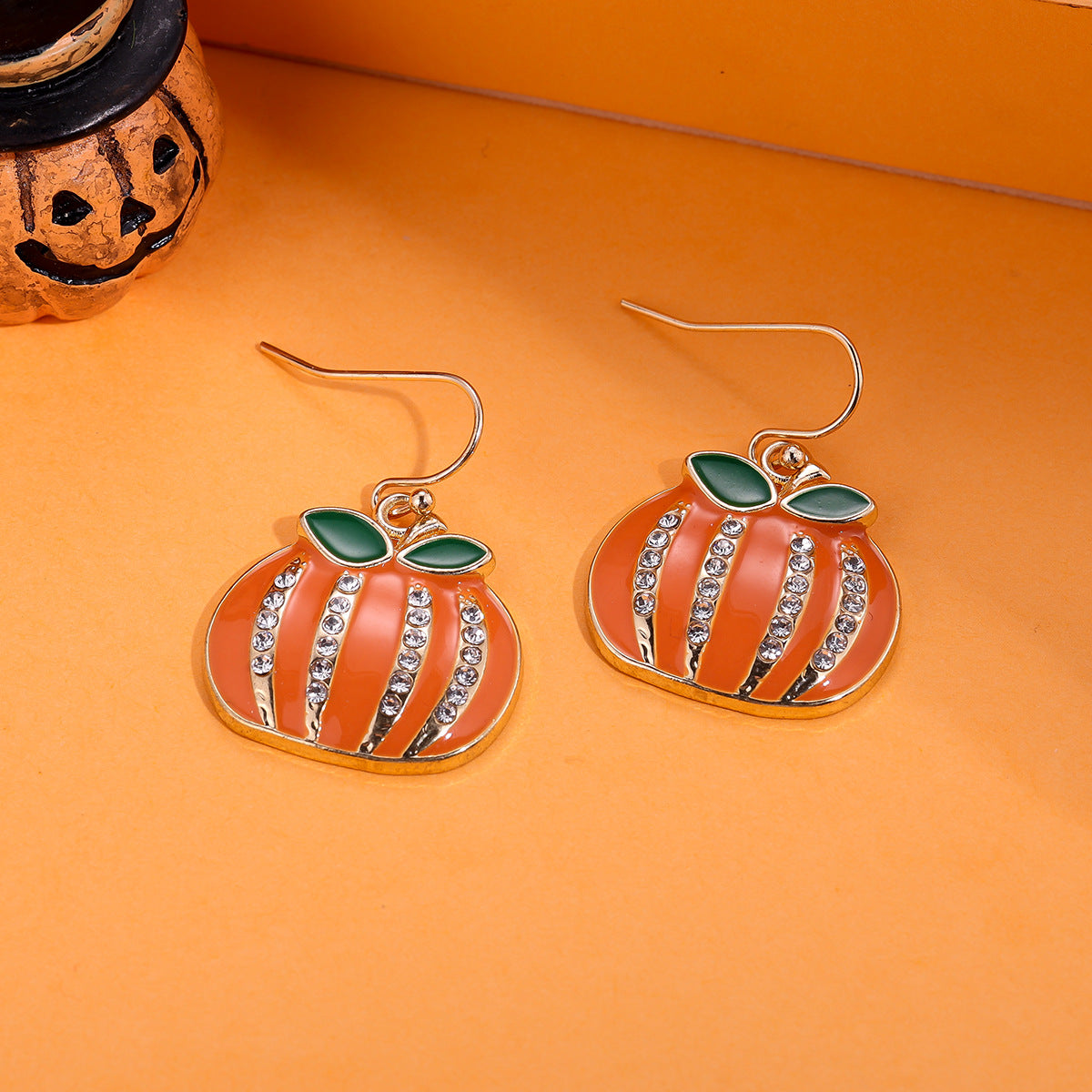 Juego de pendientes de Halloween estilo dibujos animados con diseño de calabaza, aretes de aleación y postes de acero inoxidable para mujer