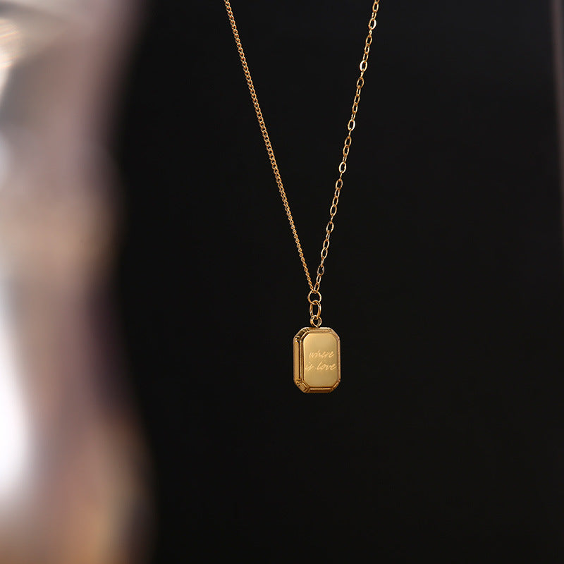 Minimalist Square Chocolate-Inspired Titanium Steel Necklace with Geometric Frame Pendant on Wavy Chain for Women and Men