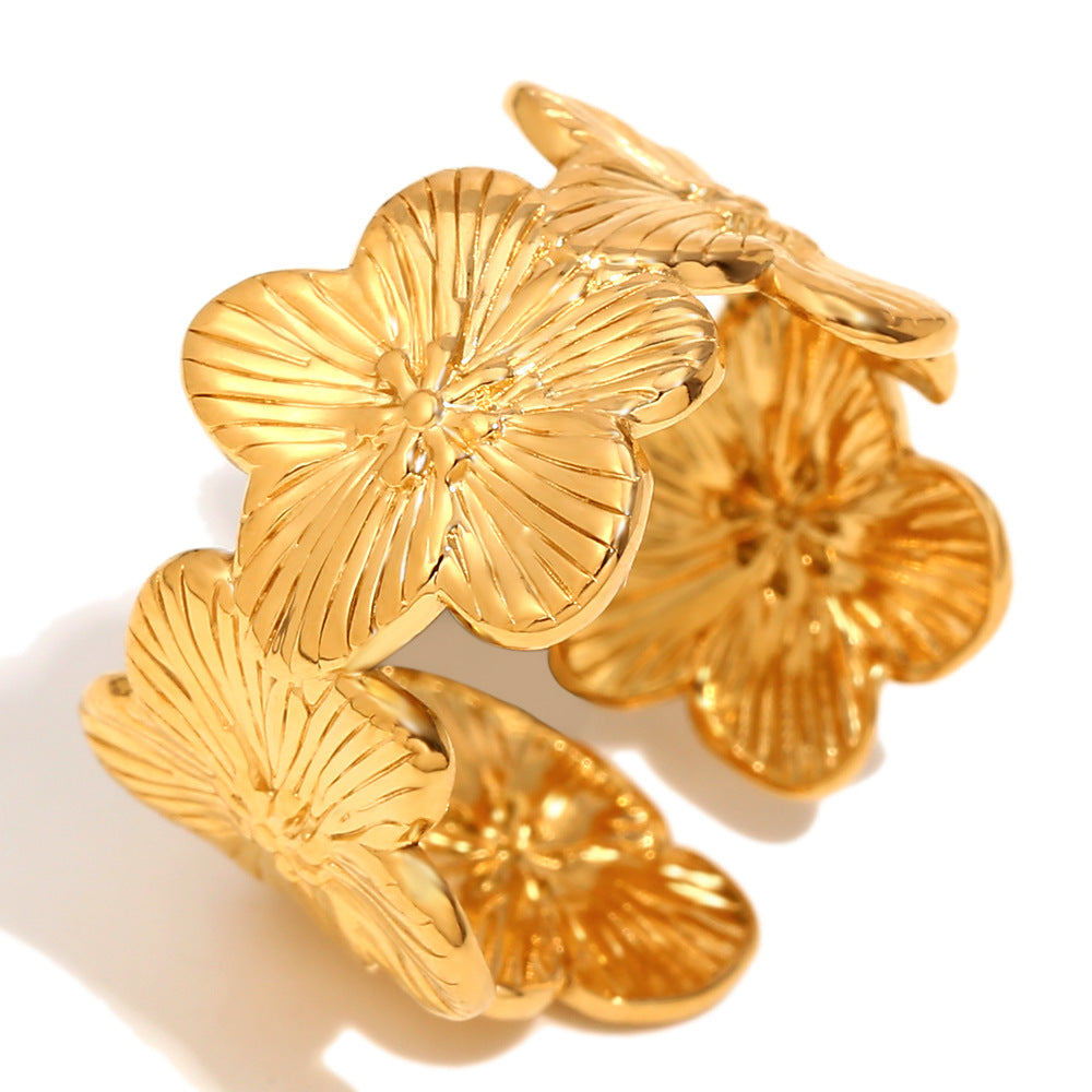 Vintage-Inspired Floral Open Ring for Women in Stainless Steel with 18K Gold Plating