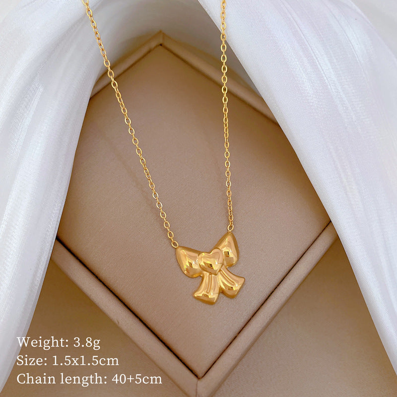 Minimalist Bowknot Heart Pendant Necklace for Women in Titanium Steel with Gold Plating, Clavicle Chain
