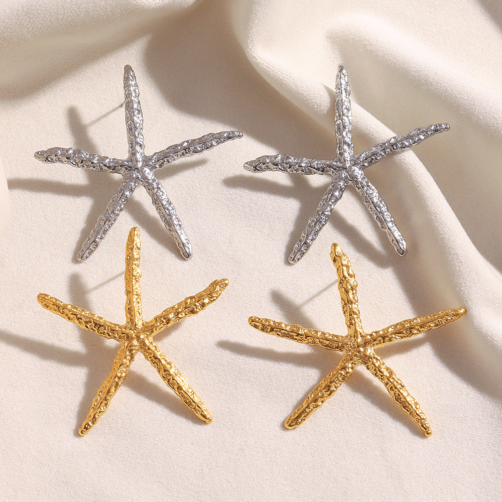 Minimalist Starfish-Shaped Stainless Steel Earrings with 18K Gold Plating and Hammered Texture for Women