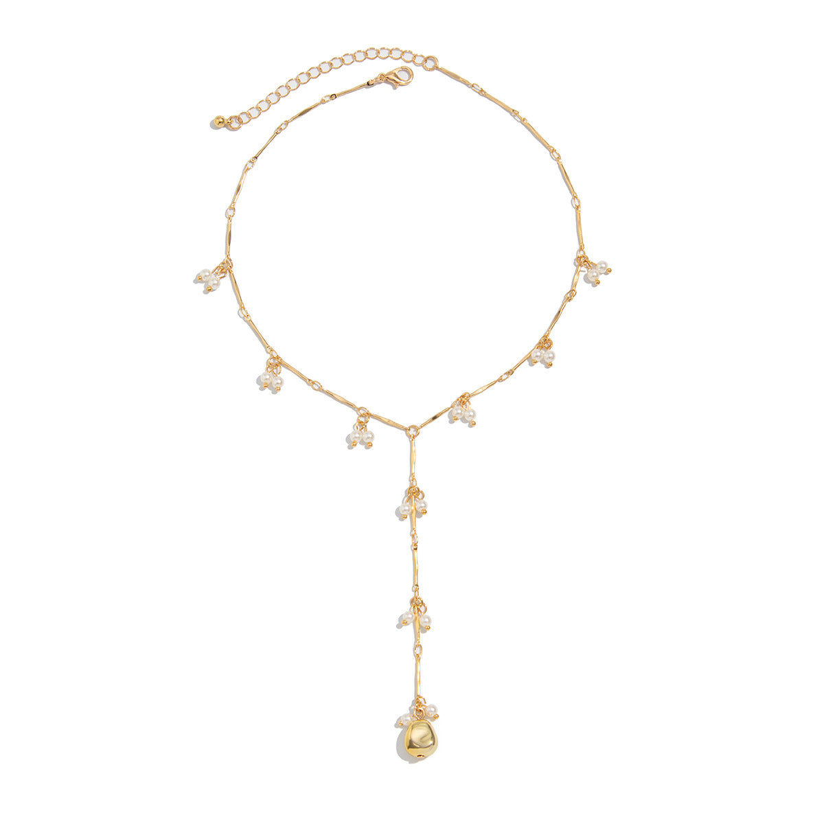 Minimalist French Vintage Liquid Drop Pendant Necklace with Imitation Pearl and Plated Copper Chain in Y-Shape with Fringe Detail