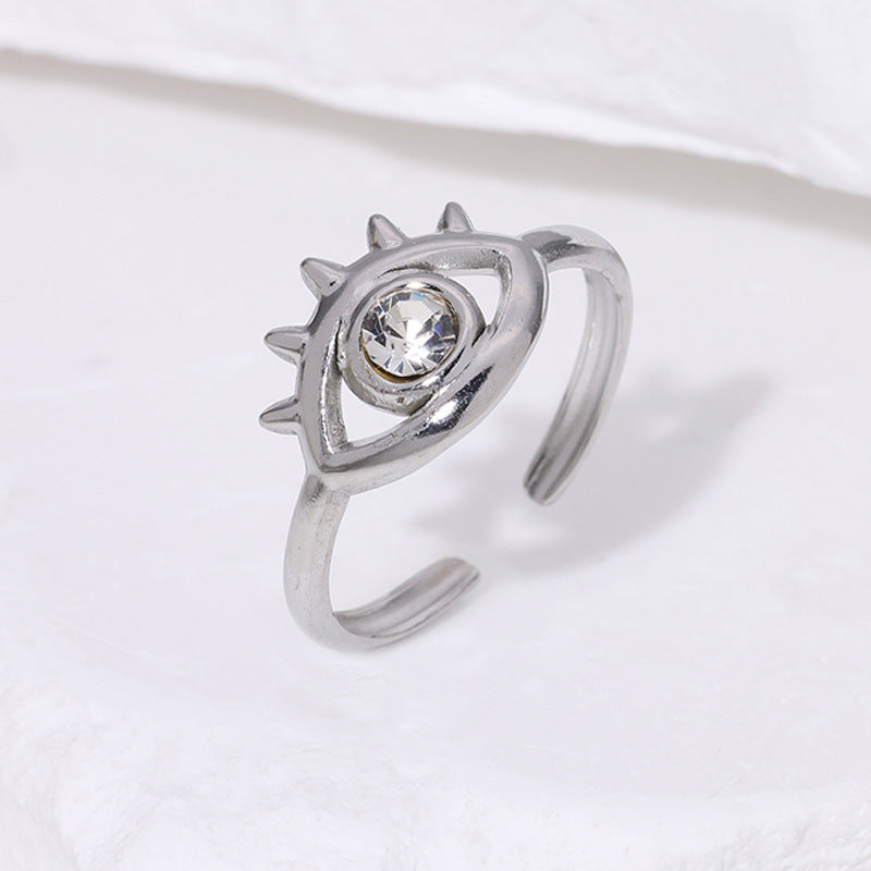 Anello da donna in acciaio inossidabile, minimalista e alla moda, aperto, con occhio accentato da strass