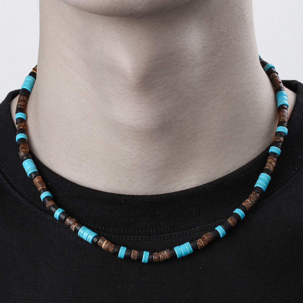 Bohemian Vintage Ethnic Punk Hip-hop Geometric Wood Coconut Shell Beaded Necklace with Turquoise Pendant