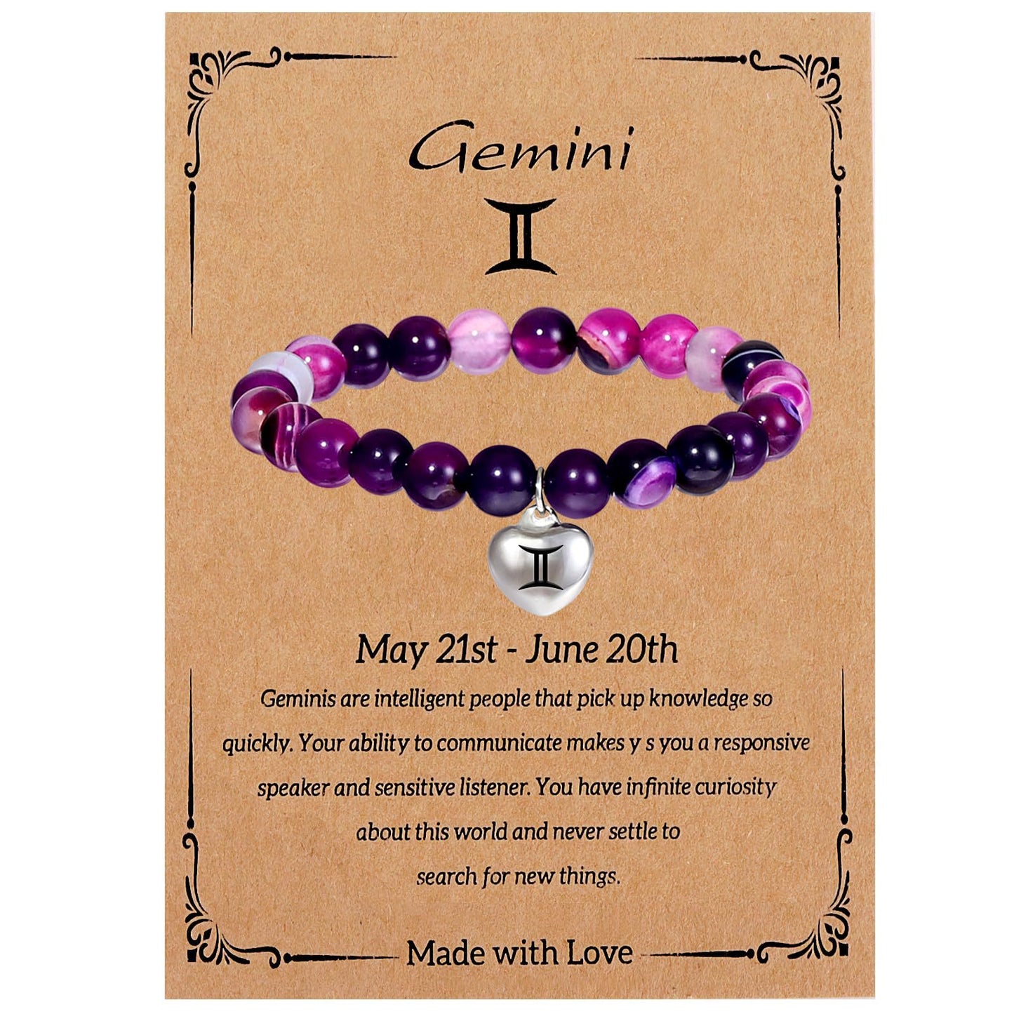 Elegant Heart Shape Agate Beaded Charm Bar for Women Zodiac Natural Stone Birthday Gift