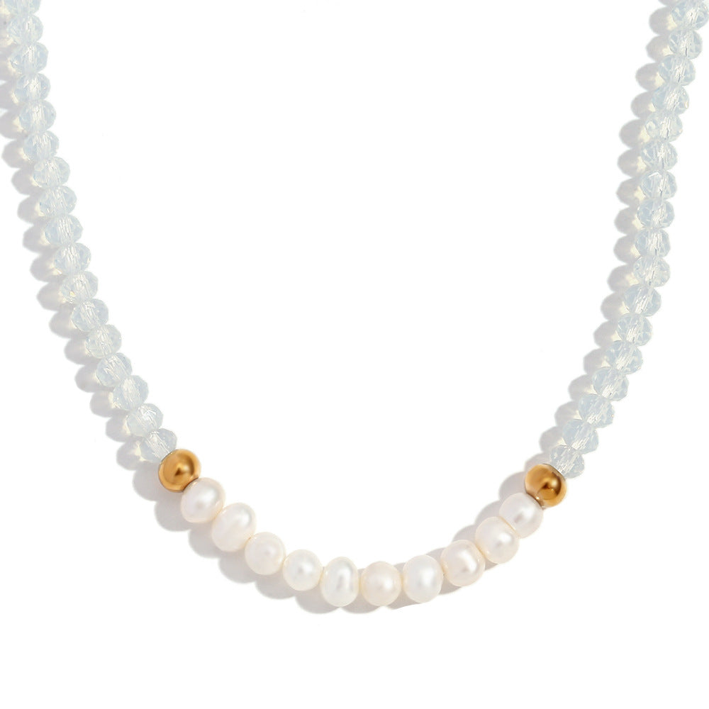 Collana Pendente Geometrica alla Moda in Acciaio Inossidabile da Donna con Pendente in Acciaio al Titanio, Finitura Placcata, Perle d'Acqua Dolce e Cristalli Taglio Leggero