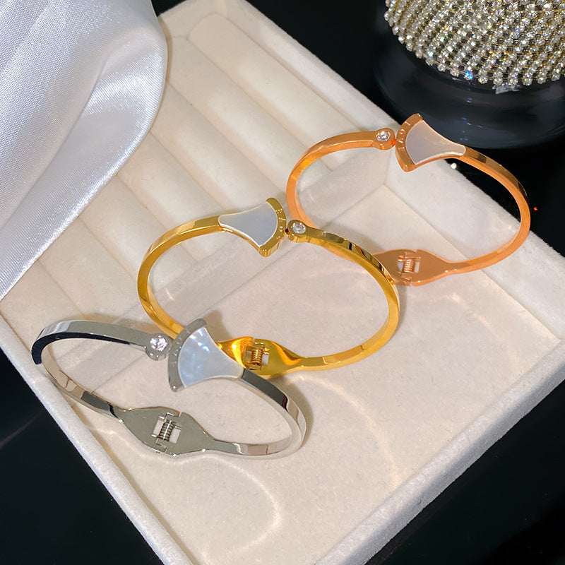Fashion Titanium Steel Plated Mother of Pearl Skirt Cuff Bracelet