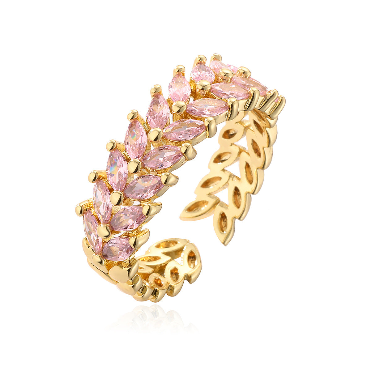 Minimalist Geometric Open-End Wheat Sheaf Ring for Women in Brass with Real Gold Plating and Zircon Inlay