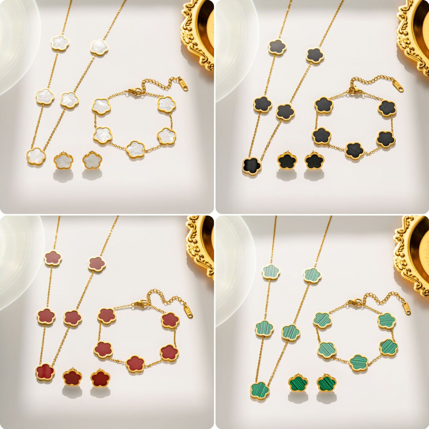 Luxury Minimalist Floral Five-Petal Pendant Necklace Set with Titanium Steel Chain and Mother-of-Pearl Inlay for Women