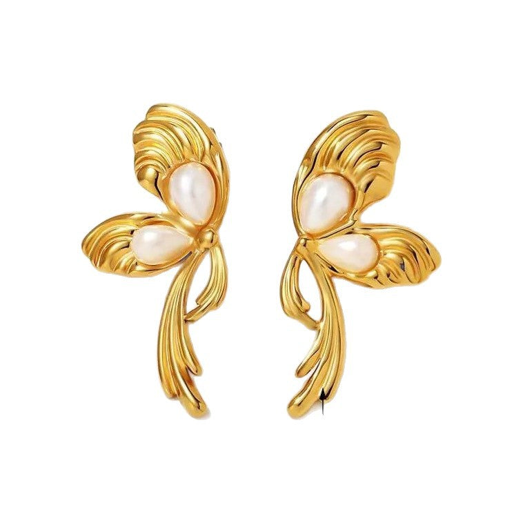 Vintage Butterfly Pearl Stamping Stainless Steel Tassel Earrings for Women